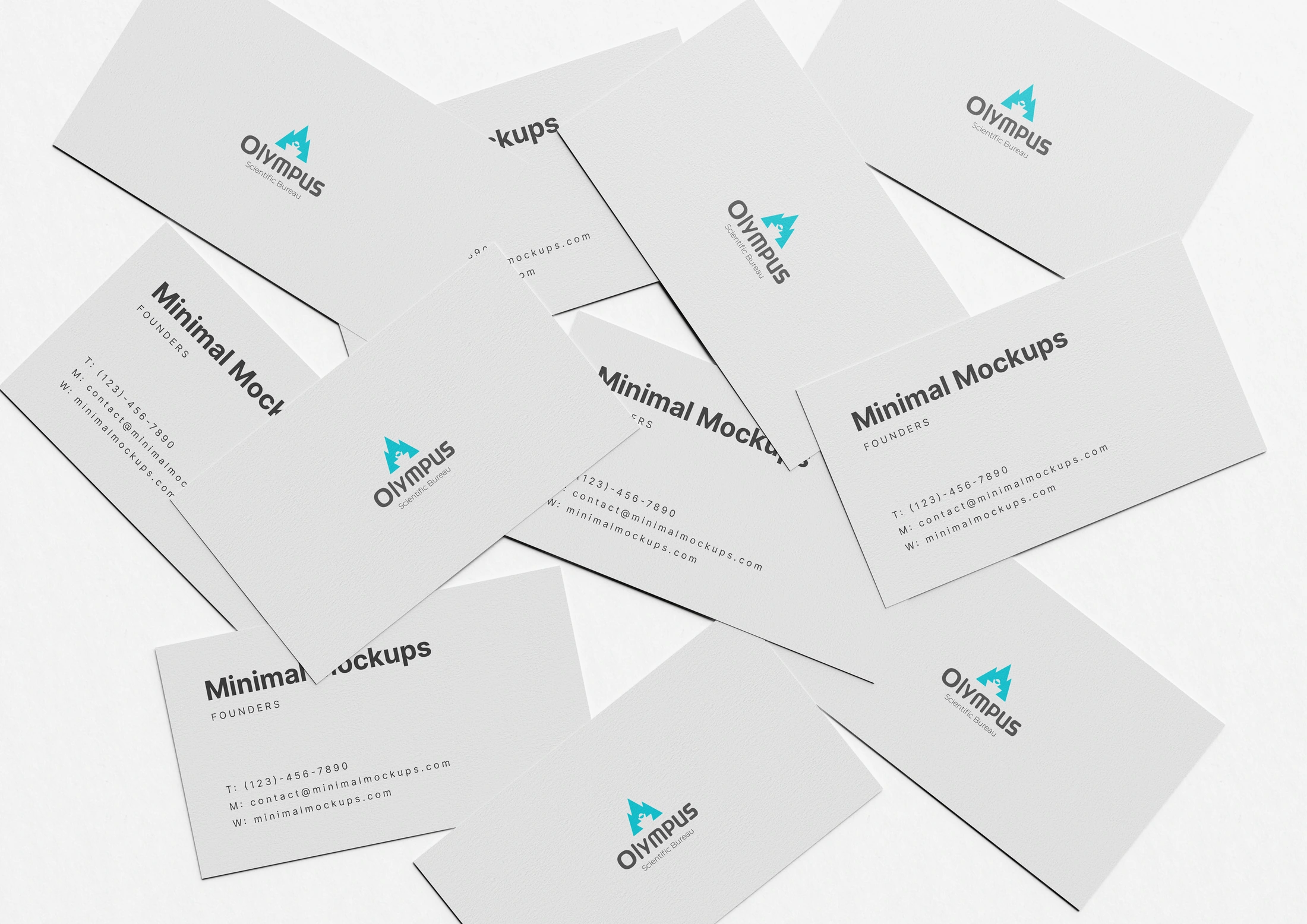 Olympus business card mockup showing the brand mark on white cards with sample contact details