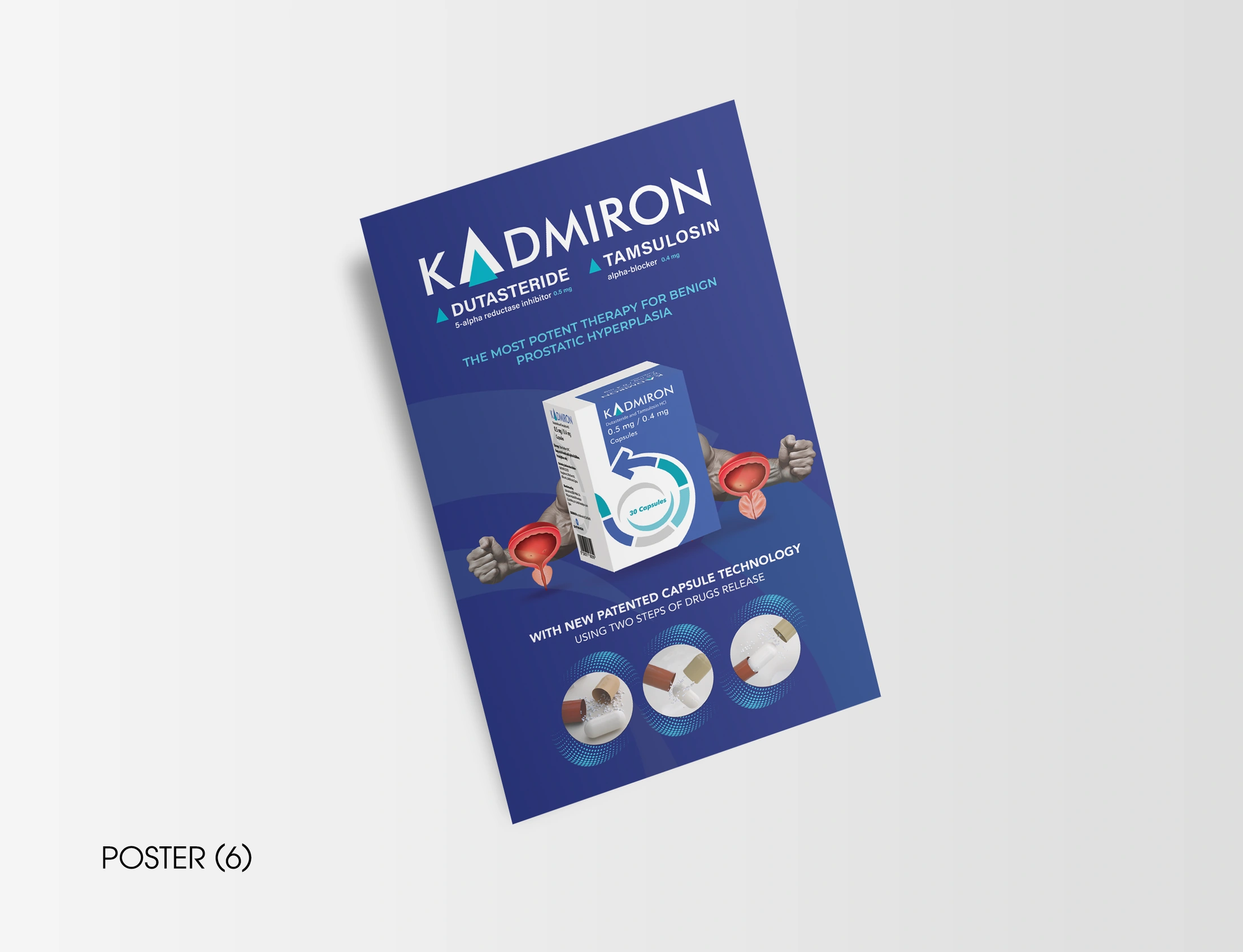 Kadmiron notebook poster with a blue background, central product package and anatomical illustrations