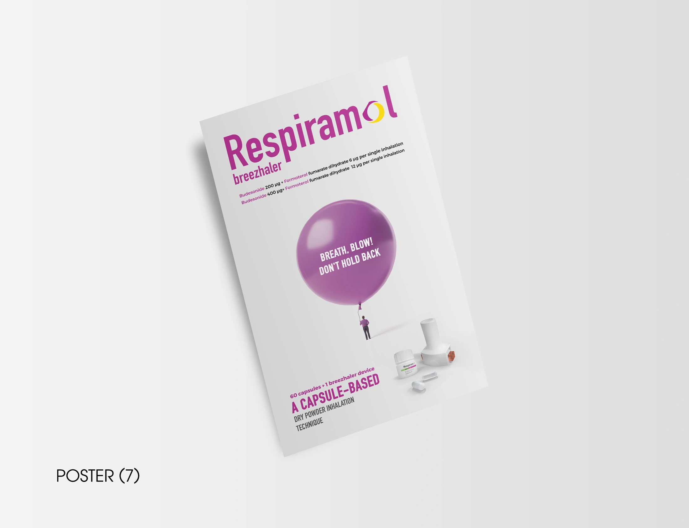 Respiramol notebook poster with a large purple balloon, a small figure and an inhaler on white