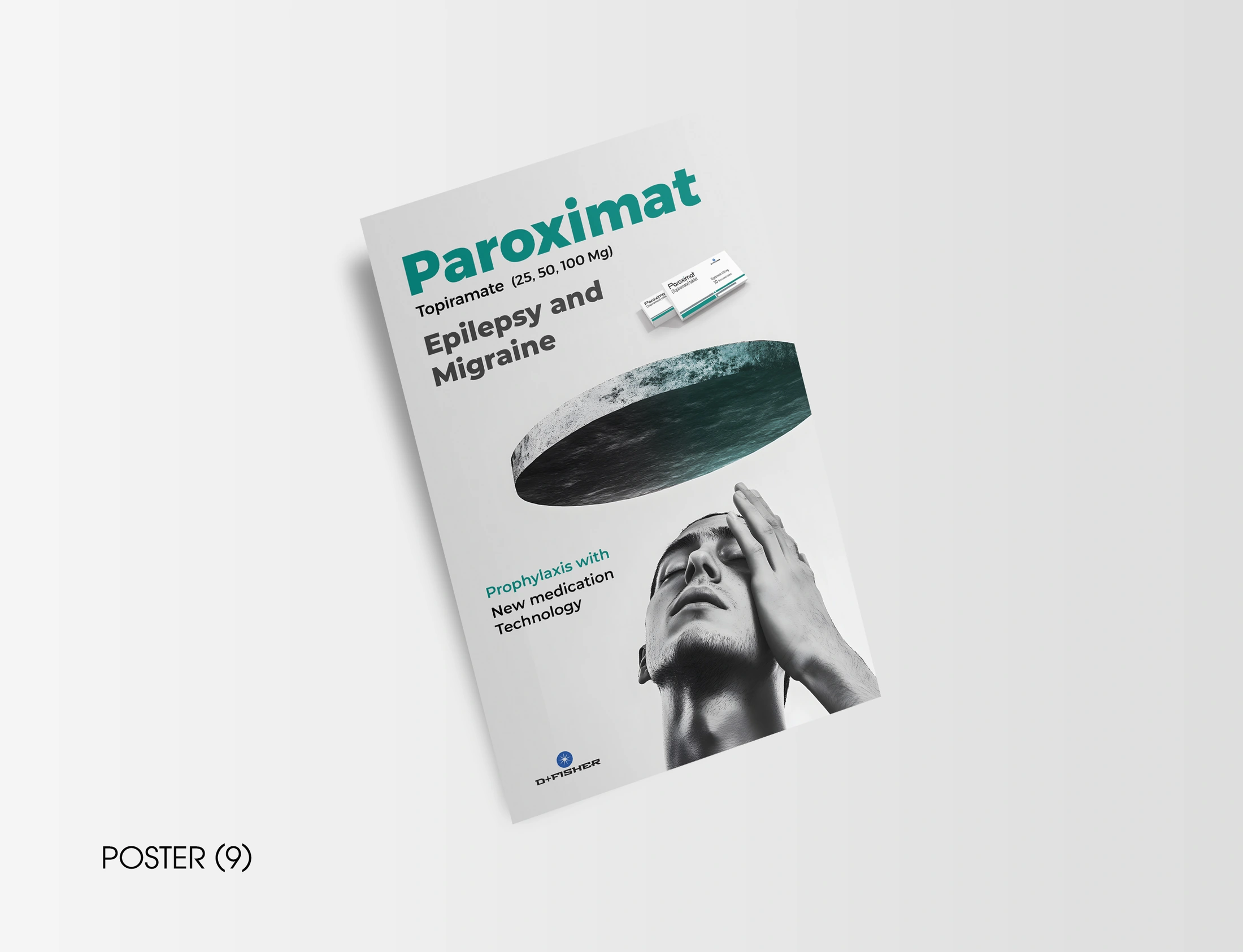 Paroximat notebook poster with a monochrome portrait beneath a floating disc of water and teal typography