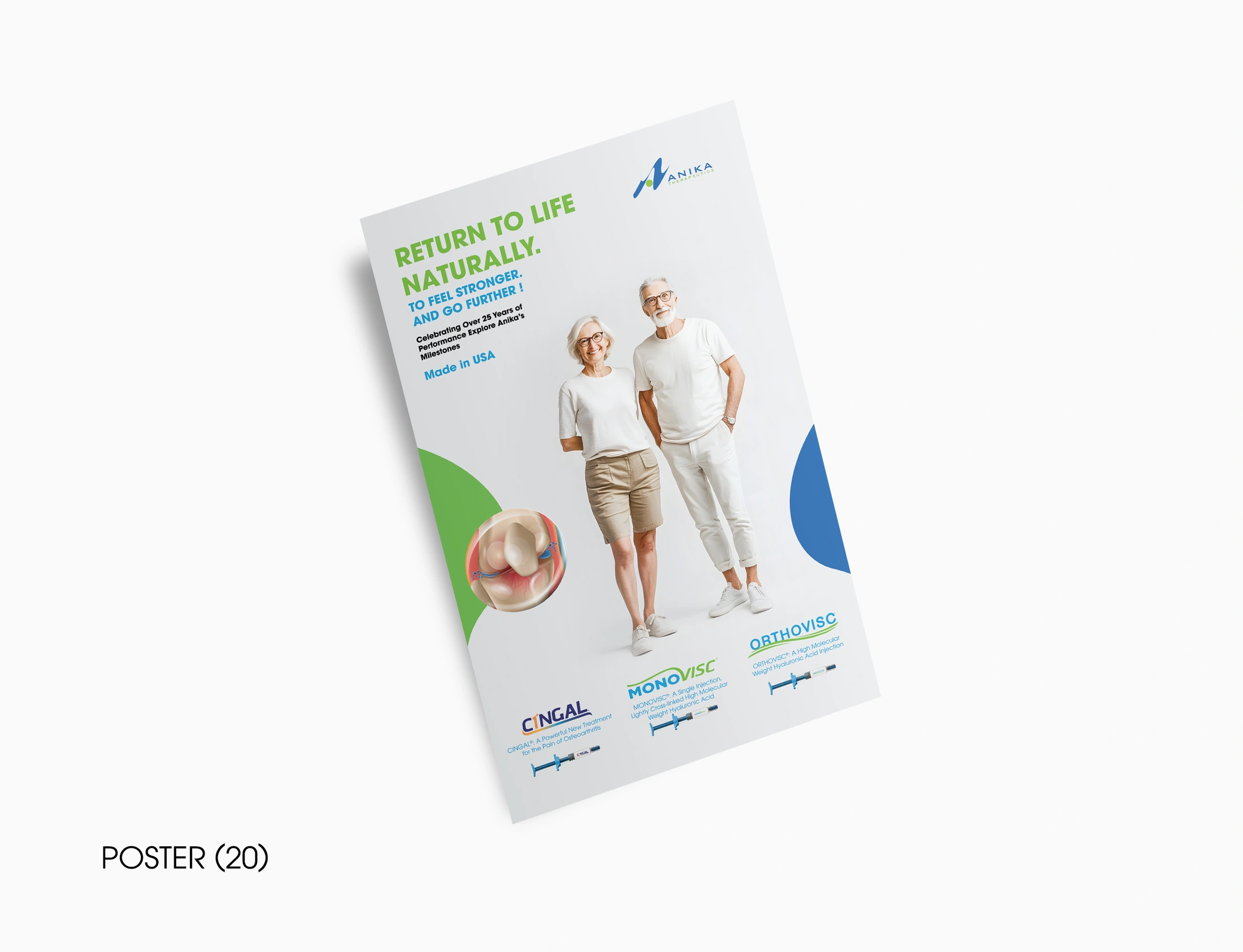 Anika notebook poster with an older couple, a joint illustration and green and blue graphic elements