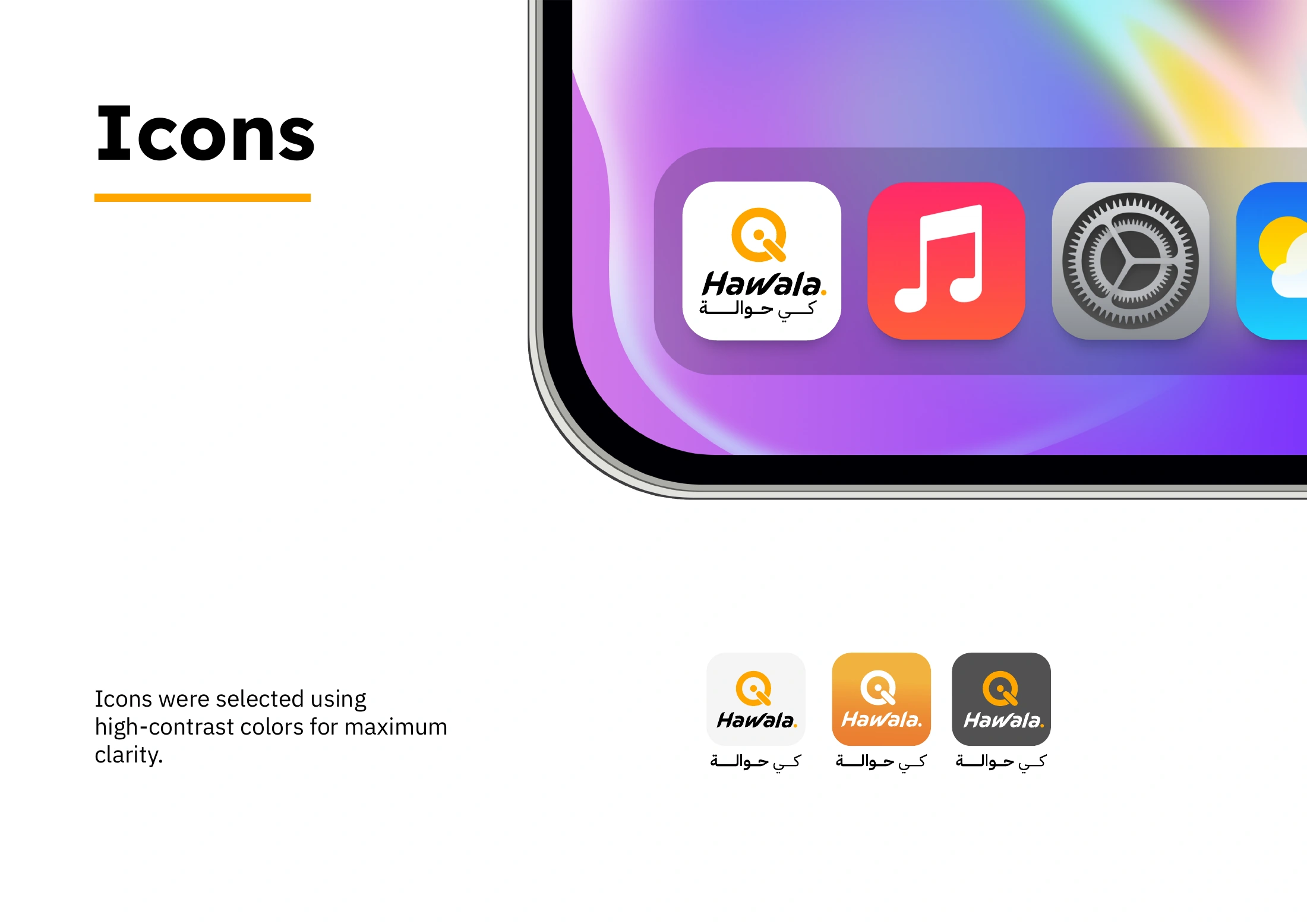 Qi Hawala app icon displayed on a phone home screen with three colour variants below