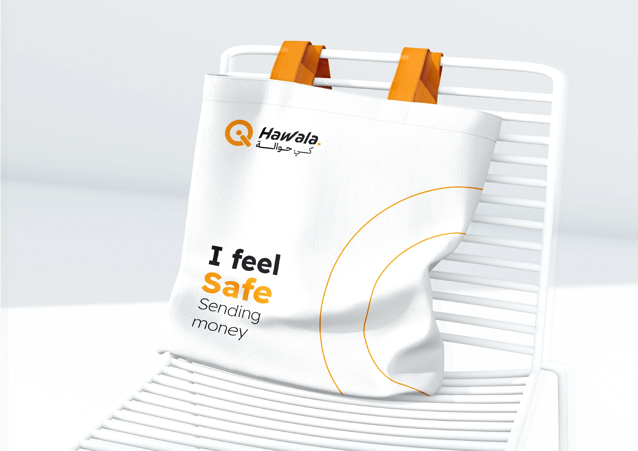White Qi Hawala tote bag with orange handles, curved graphics and bilingual brand mark