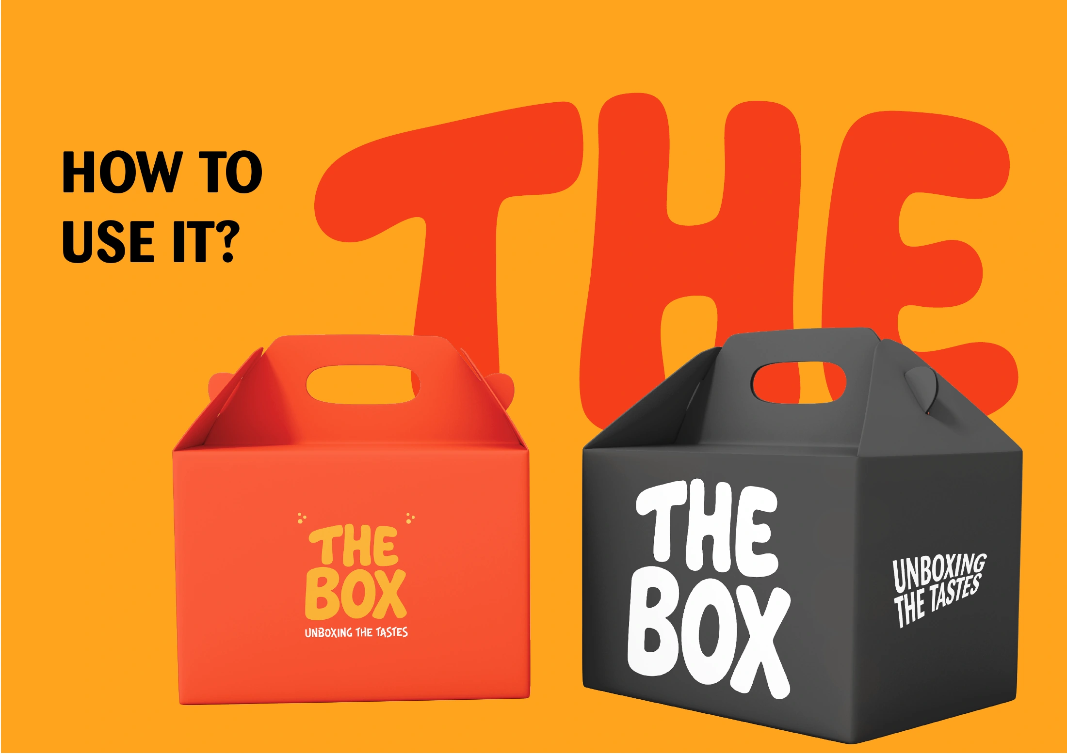 Red-orange and black The Box takeaway boxes against a golden yellow background