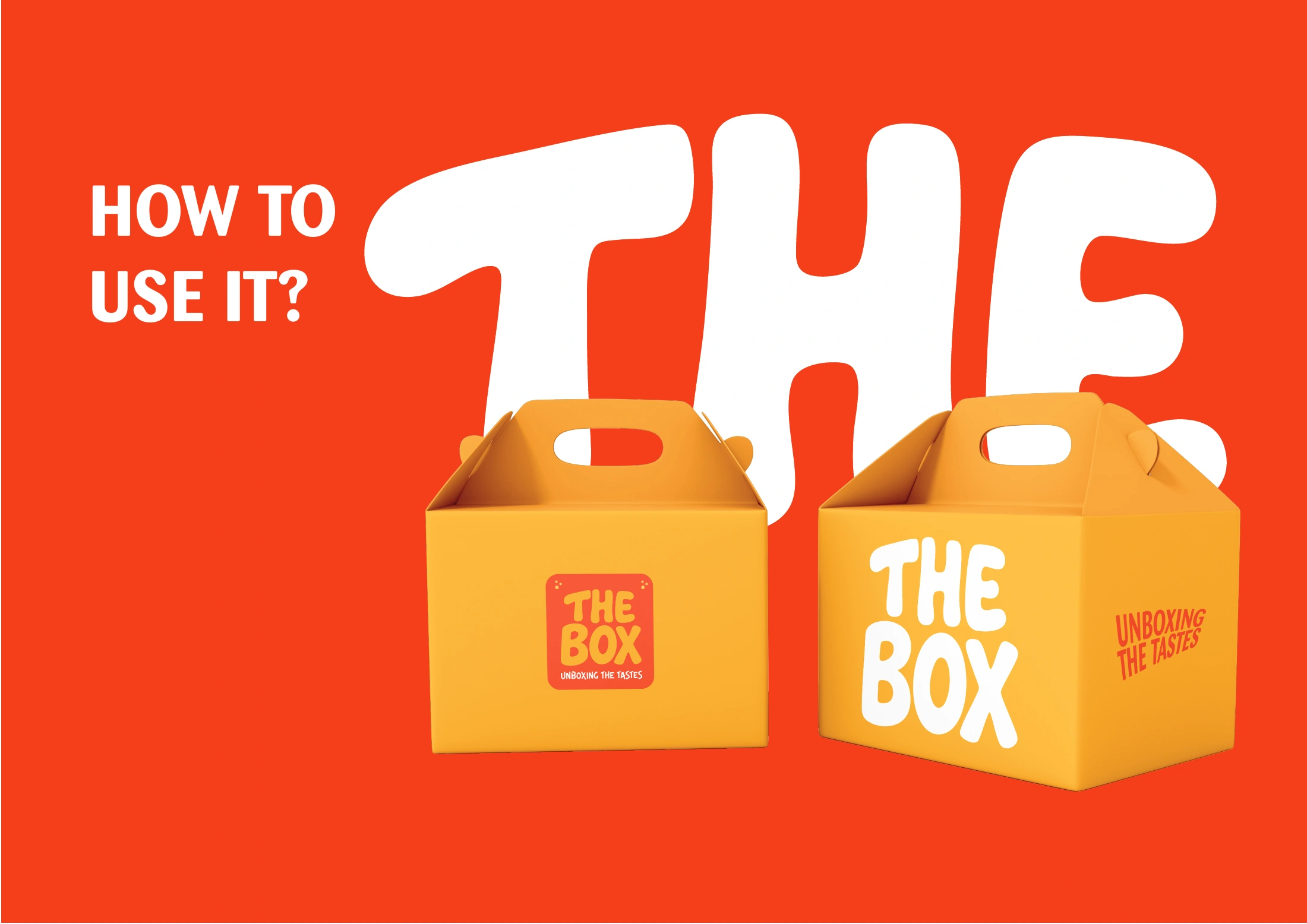 Golden yellow The Box takeaway boxes against a red-orange background and oversized white lettering