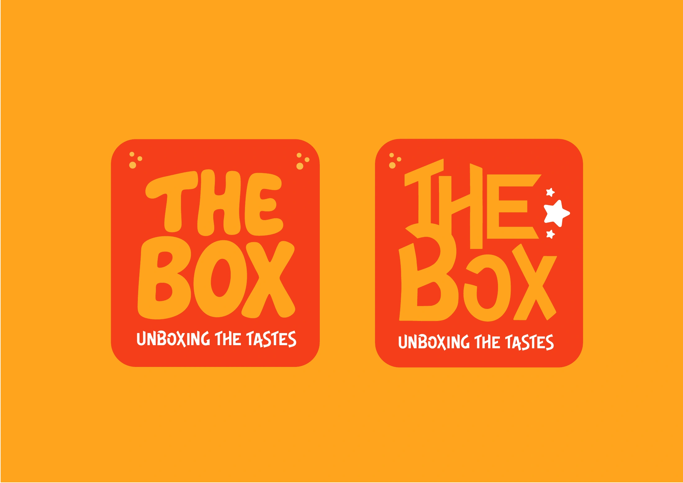 Two The Box wordmark variations on red signs against a golden yellow background